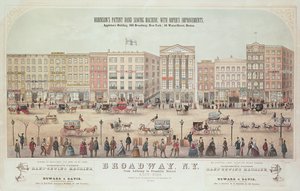 Plakát s výhledem na Broadway, od Anthonyho po Franklin Street, reklama na Robinsonův patentovaný ruční šicí stroj, 1855