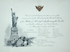 Prezidentská pozvánka na inauguraci Sochy svobody, čtvrtek 28. října 1886 (rytina) od American School