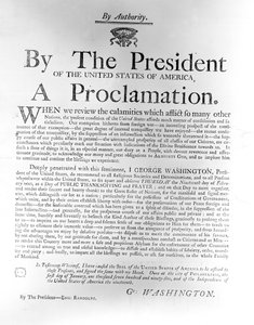 Provolání prezidenta George Washingtona (1732-99), kterým se čtvrtek 19. února 1795 vymezuje jako den veřejného díkůvzdání a modliteb (novinový tisk) od American School