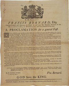 Provolání jménem Francise Bernarda, guvernéra Massachusetts Bay: oznamující den půstu během francouzské a indické války, 8. dubna 1761 od American School