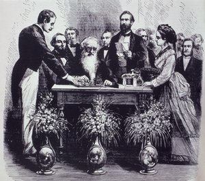 Profesor Samuel Finley Breese Morse (1791-1872) vysvětluje funkci svého vynálezu od American School