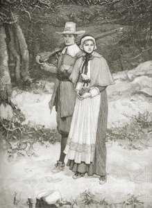 Puritáni jdoucí do kostela, z „Stručné historie Spojených států“, vydané nakladatelstvím A. S. Barnes und Co. v roce 1885 od American School