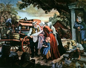 Venkovská Amerika v 19. století: cestující prodavač domácích potřeb (barva lito) od American School