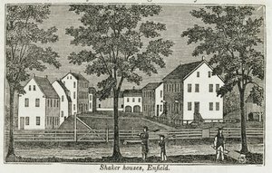 Shakerské domy v Enfieldu, z knihy "Connecticut Historical Collections", autor John Warner Barber, 1856. od American School