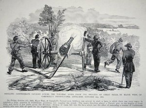 „Ostřelování konfederační kavalérie přes řeku Potomac z výšin Great Falls...“, 4. října 1861 (litho) od American School