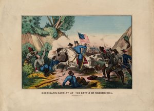 Sheridanská kavalérie v bitvě u Fishers Hill (Shenandoah Valley), hospoda. od Currier & Ives, kolem roku 1864
