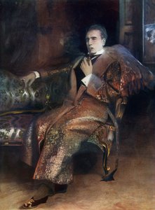 Sherlock Holmes, scéna z knihy "Sherlock Holmes - drama o čtyřech dějstvích" od Williama Gilettea od American School