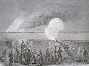 Obléhání Charlestonu, město hořící pod bombardováním, 3. ledna 1864, z Harper
