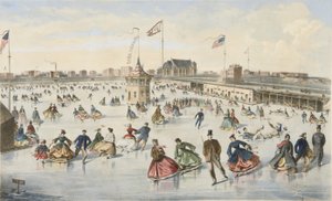 Bruslení na Union Pond, hospoda. 1863 (barevné lito) od American School