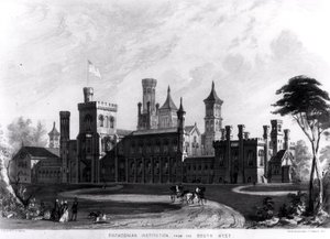 Smithsonian Institution z jihozápadu, z „Hints on Public Architecture“ od Roberta D. Owena, vyryl Sarony und Major, 1849 od American School