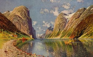 Fjord Sogne na norském pobřeží (barevné lito) od American School