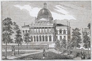 Jižní pohled na State House v Bostonu na Beacon Street, z „Historických sbírek Massachusetts“, John Warner Barber, rytý S. E. Brown, 1839 od American School