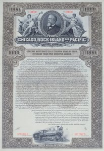 Vzorový dluhopisový certifikát na 1000 dolarů pro Chicago, Rock Island a Pacific Railway Company, 1898 od American School