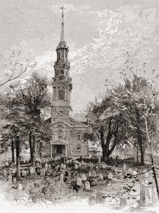 Kostel svatého Pavla v New Yorku v 19. století, z časopisu "The Century Illustrated Monthly Magazine", vydaného v roce 1884 (rytina) od American School
