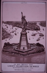 Socha svobody „bude vztyčena na Bedloeově ostrově“, tisk z roku 1885 (rytina) od American School