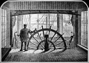Pilot parníku v kormidelně, kolem roku 1870 (rytina) od American School