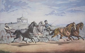 Stella a Alice Grey - Lantern and Whalebone, Passing the Stand (V jejich skvělém zápase v Double Harness over the Union Course L.I. 5. června 1855), hospoda. 1855, Currier & Ives od American School