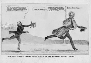 Podpokladníci podnikají dlouhé kroky aneb Kouzelník se zhroutil, vydal H R Robinson, New York, 1838