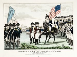 Cornwallisova kapitulace v York Town, VA, říjen 1781, vyd. Currier  Ives od American School