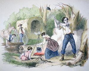 Švédští přistěhovalci osadníci v Nebrasce, kolem roku 1895 (barevná rytina) od American School