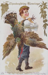 Přání ke Dni díkůvzdání zobrazující muže s krocanem. (chromolit) od American School