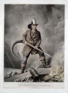 The American Fireman, Facing the Enemy, hospoda. 1858 (ručně kolorované lito) od American School