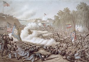 Bitva o Korint, 3.-4. října 1862, ukazující vlajky severu a jihu, od Kurz & Allison (barevné lito) od American School