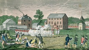 Bitva u Lexingtonu, 19. dubna 1775, z "Connecticut Historical Collections", autor John Warner Barber, vyryl A. Doolittle, 1832 od American School