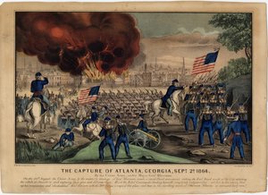 The Capture of Atlanta, Georgia, 2. září 1864, pub. od Currier & Ives, kolem roku 1864 od American School
