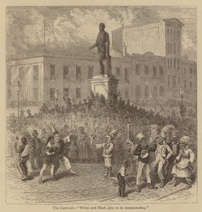 Karneval, "Bílí a Černí se připojují k jeho maškarádě" (rytina) od American School