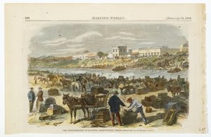 Konfederace evakuují Brownsville, Texas, c. 1864 (ručně kolorovaná litografie na tkaném celulózovém papíru) od American School