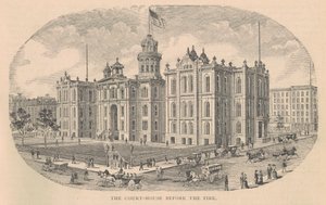 The Court-House before the Fire, tisk Moss Engraving Co., New York, ilustrace z History of Chicago sv. 2 od Alfreda Theodora Andrease, publikoval 1885 od American School