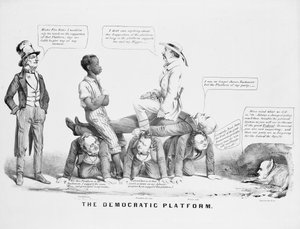 Politická karikatura „Demokratická platforma“ komentující postavení Demokratické strany na otroctví, kolem roku 1856 od American School