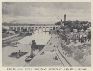 Příjezdová cesta Harlem River (Speedway) a High Bridge (černobílá fotografie) od American School