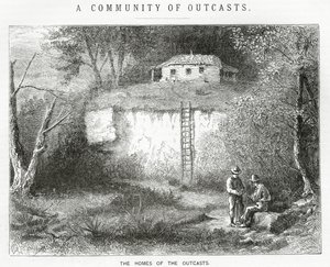 The Homes of the Outcasts, ilustrace k celovečernímu příběhu, Komunita vyvrženců, z Appletons Journal, 23. března 1872 od American School