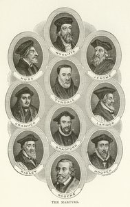 Mučedníci, Wycliffe, Huss, Jerome, Tyndale, Cranmer, Latimer, Bradford, Ridley, Hooper, Rogers od American School