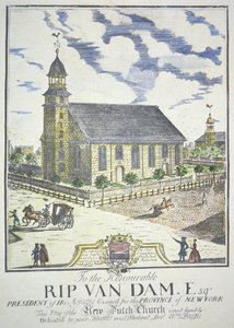 New Dutch Reformed Church, postavený na rohu ulic Nassau a Liberty, New York City, v roce 1731 (barevná rytina) od American School