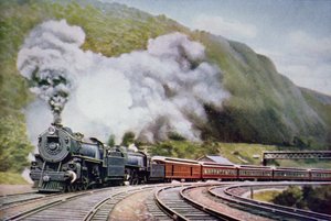 The New York to Chicago Express v Horse-Shoe Curve, Alleghany, kolem roku 1930 (barevné lito) od American School