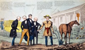 The North Bend Farmer and His Visitors, karikatura vydaná H.R. Robinsonem, kolem 1840-42 od American School
