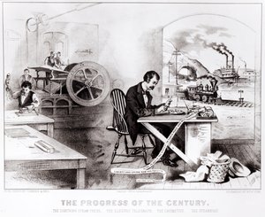 Pokrok století: Bleskový parní lis, Elektrický telegraf, Lokomotiva a Parník, hospoda. od Currier & Ives, 1876 od American School