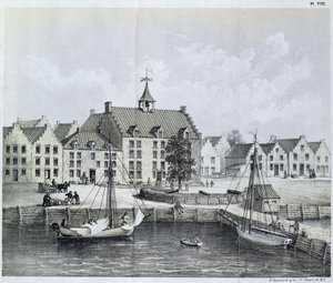 The Stadthuys of New York v roce 1679, Corner of Pearl Street a Coentijs Slip, z Journal of a Voyage to New York v letech 1679-80 od Jaspera Danckaertse (nar. 1639) a Petera Sluytera (1645-1722), vydáno 1867 od American School