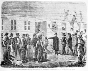 Válka o Mississippi Černí rekruti nastupují do auta do Murfreesboro, z Frank Leslies Illustrated Newspaper, květen 1864 od American School