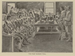 První soudní proces s vrahem v Nové Anglii (litografie) od American School