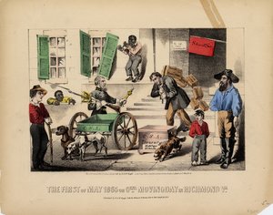 Prvního května 1865, nebo, Genl. den stěhování v Richmond Va., Lith. od Kimmel & Forster, publikoval H. & W. Voight, New York, 1865 od American School