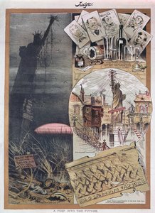 Budoucnost sochy svobody. karikatura z časopisu Judge v době jeho výstavby v roce 1886 od American School