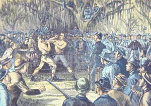 Poslední mistrovský zápas v boxu holými pěstmi v roce 1889, John L. Sullivan vs. Jake Kilrain v Richburgu, Mississippi (barevná litografie) od American School