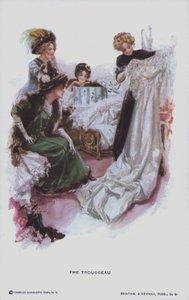Výbava: budoucí nevěsta si prohlíží svatební šaty (barevná litografie) od American School