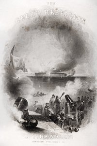 Ilustrace na titulní straně Útok na Fort Sumter v roce 1861, z „Velkého povstání“ od J.T. Headley, publikoval 1866 od American School