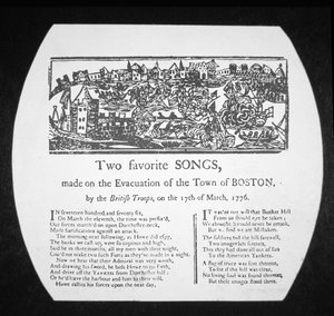 Dvě oblíbené písně, které vznikly při evakuaci Bostonu britskými jednotkami 17. března 1776 (rytina) od American School