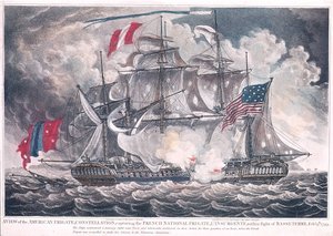 US Fregate Constellation zachycuje LInsurgente v Západní Indii v bitvě u Basseterre, 9. února 1799, publikováno v roce 1800 od American School